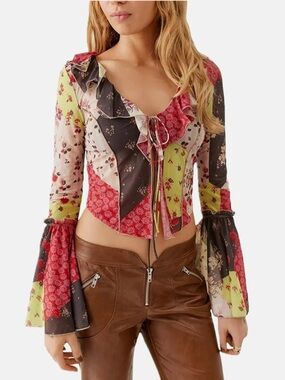 Urban Outfitters Multi Floral Patchwork Ruffle Tie-Front Top
